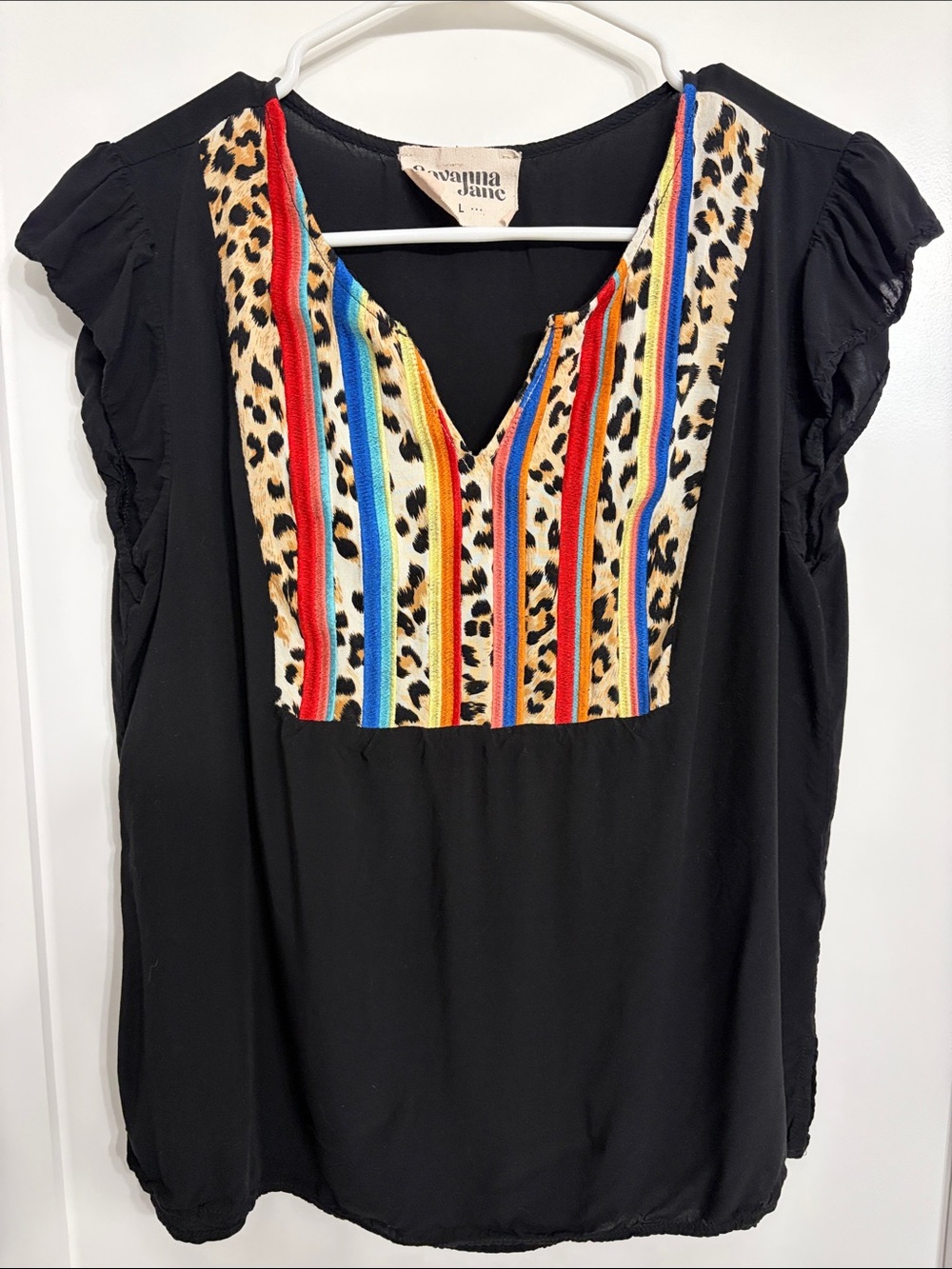 Savanna Jane Black Top with Multicolor Striped Leopard size -large